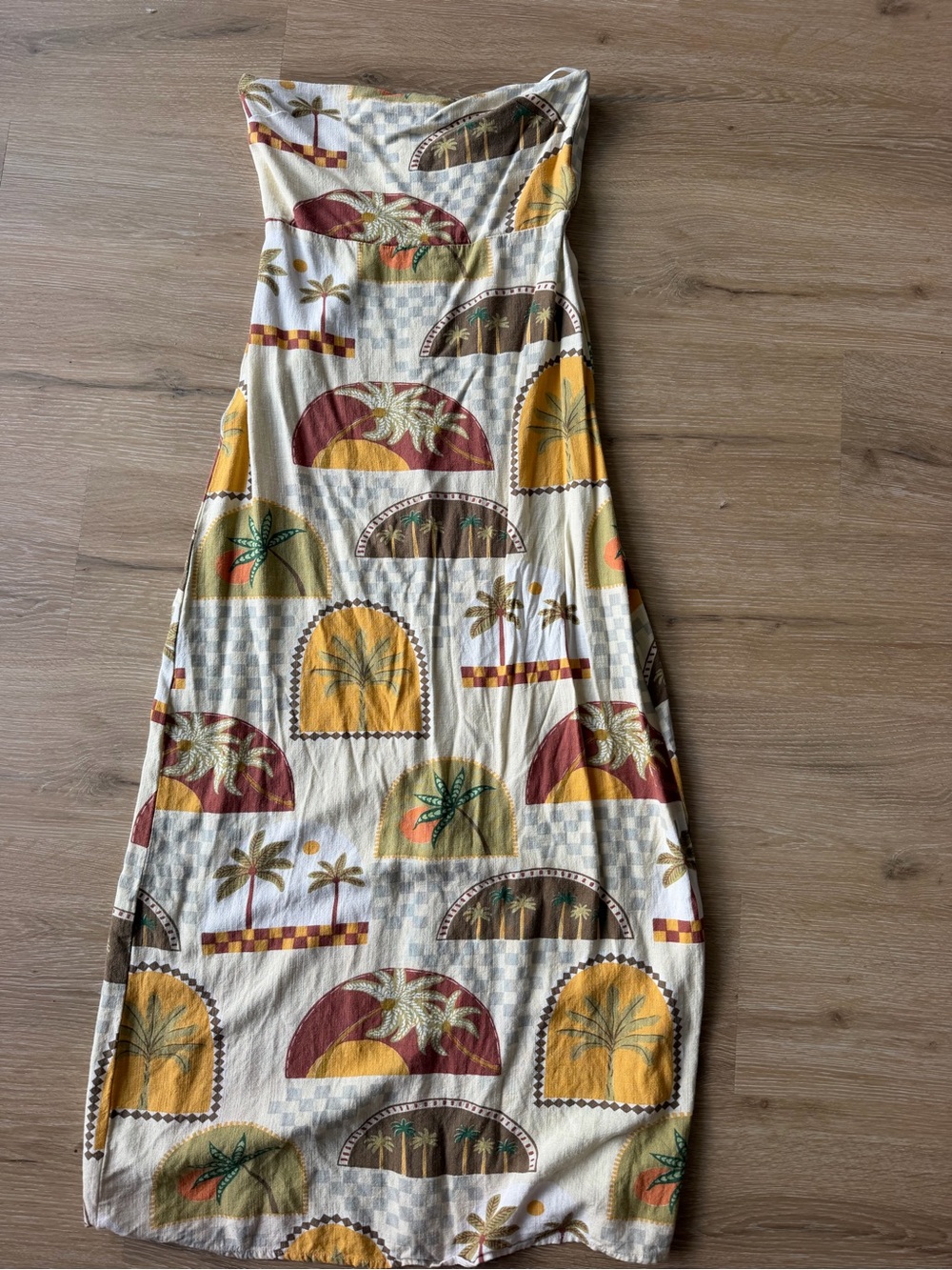 Tropical Strapless Maxi Dress in Cream, Mustard & Brown